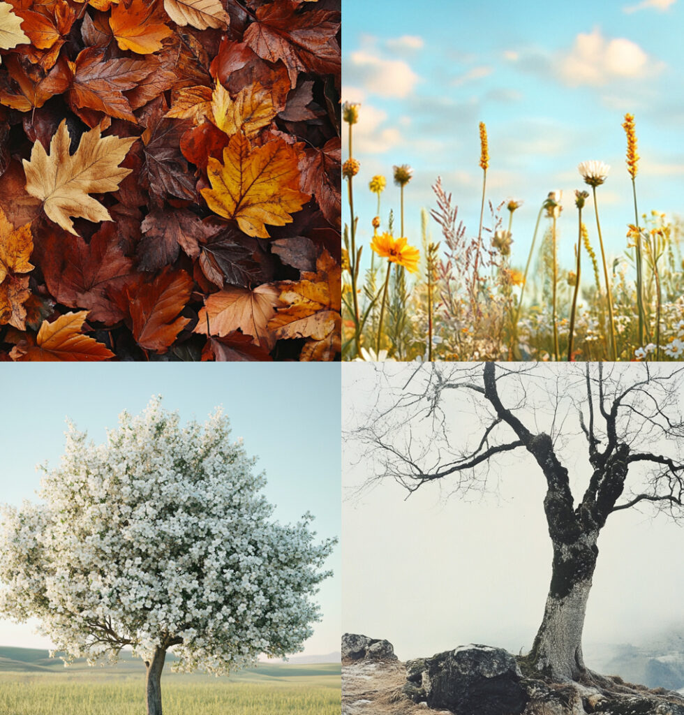 jahrenskreis, herbstblätter, sommerwiese, blühender baum, kahler baum